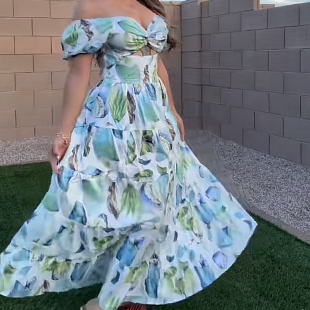 Off-Shoulder Blue & Green Floral Maxi Dress